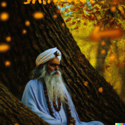 Sadhguru en Español: Descubre la Sabiduría en su Canal de YouTube 1 DALL·E 2023 03 11 21.26.07 una imagen realista de Sadhguru debajo de un arbol meditando vestido con los habitos tipicos de la india en un bosque en otono a 100 metros de distanc e1678566439421